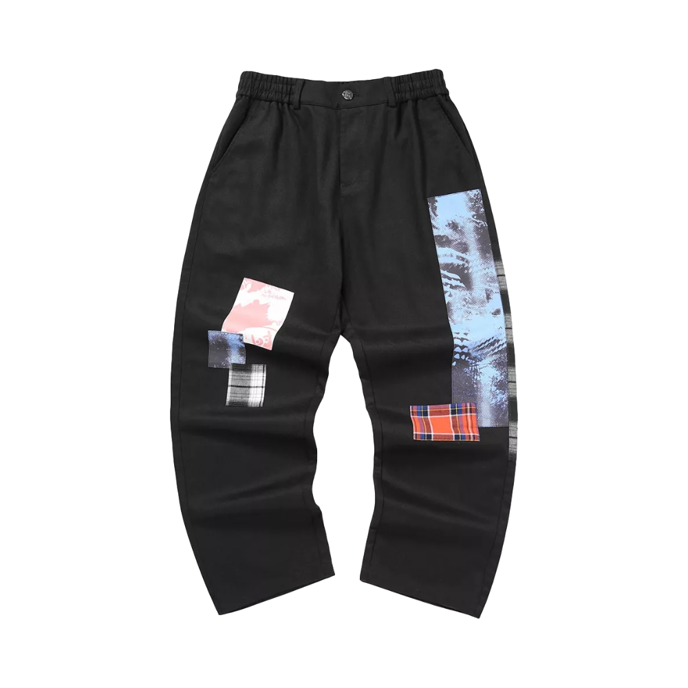 bt 趣味涂鸦格纹贴布宽松直筒休闲长裤 男女同款 TLP128