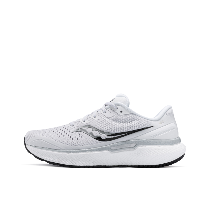 推荐商品：Saucony/索康尼 Triumph 18 胜利 防滑耐磨 减震回弹 支撑 网布透气 合成革 织物 跑鞋 女款/M宽/白色/黑色
