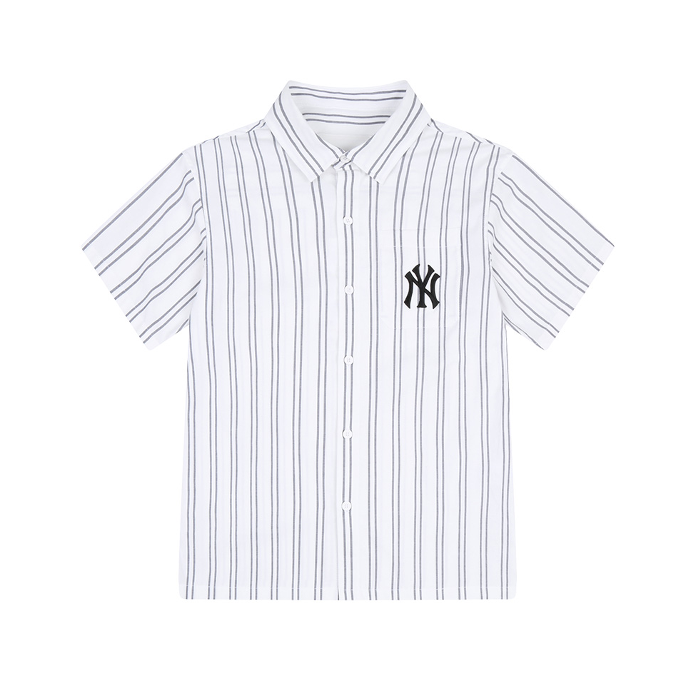 MLB 条纹口袋NY字母刺绣翻领短袖衬衫 31WSU4131