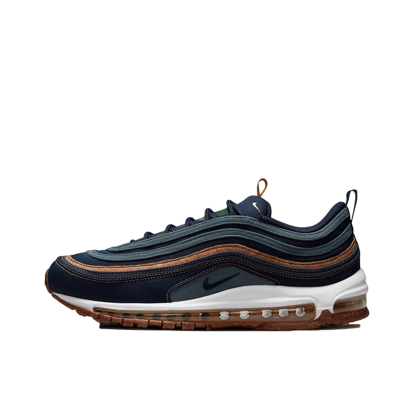 推荐商品：Nike Air Max 97 跑鞋 气垫减震全掌舒适透气防滑耐磨百搭复古织物合成革运动时尚圆头包裹性支撑 Cork 软木塞/黑曜石/雷电蓝/小麦色