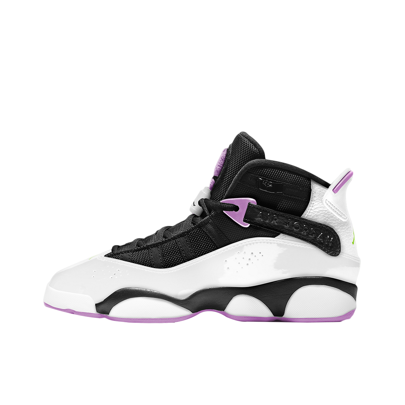推荐商品：Air Jordan 6 Rings 六冠王 篮球鞋 zoom air缓震透气耐磨复古潮流百搭防滑包裹性 GS/白色/黑色/浅紫
