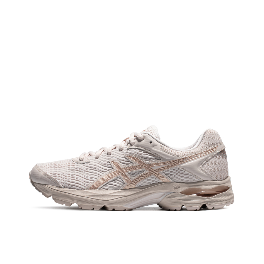 推荐商品：Asics/亚瑟士 Gel-Flux 4 跑鞋 包裹性舒适缓冲复古越野短跑慢跑织物轻量回弹合成革运动 女款/米色/金色