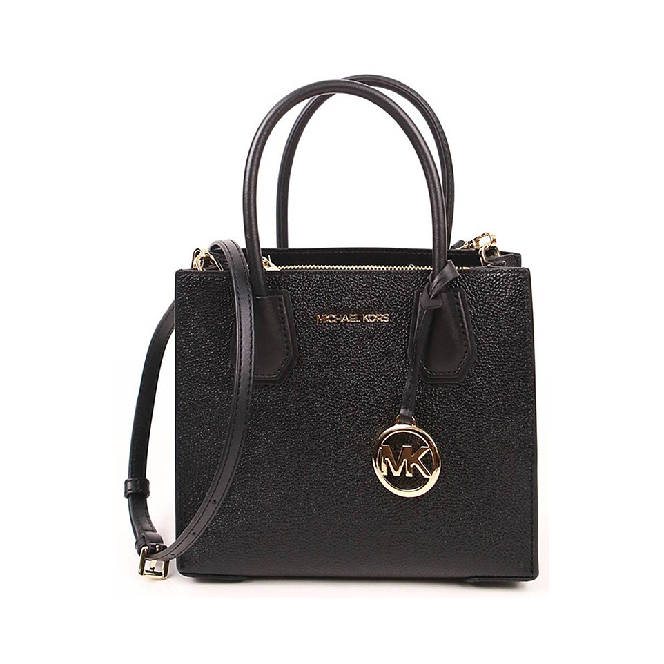 Michael Kors Mercer 中号 老花满印鳄鱼纹荔枝纹牛皮质锁头装饰风琴包法式手提单肩斜挎包 纯黑色