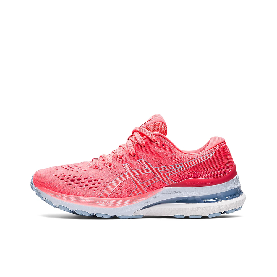 推荐商品：Asics/亚瑟士 Gel-Kayano 28 跑鞋 马拉松夜跑气垫稳定足弓支撑防滑耐磨缓震回弹网面透气织物 女款/D宽/粉红/蓝色