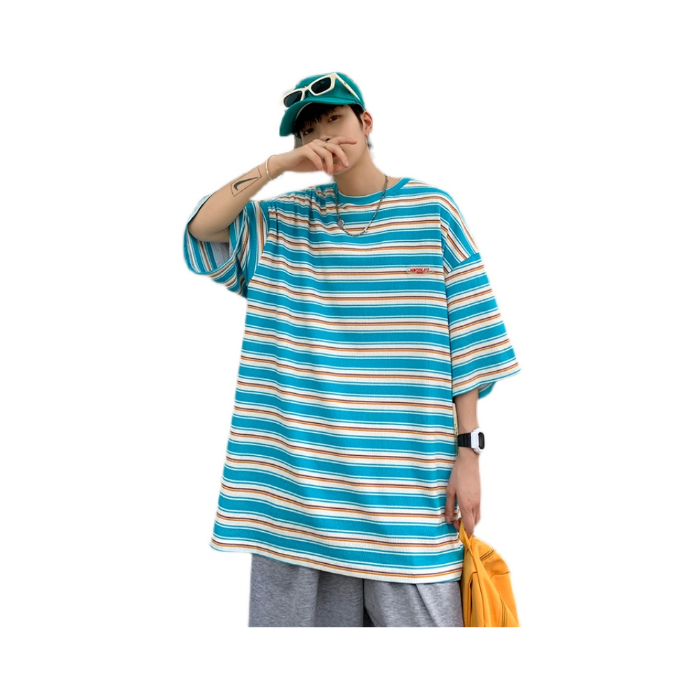 胖胖哥 条纹宽松百搭情侣短袖T恤 男女同款