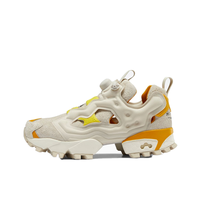 推荐商品：Reebok/锐步 Insta Pump Fury SMG 运动休闲鞋 舒适防滑耐磨减震回弹织物脚蹬合成革网布拼接圆头复古 灰色/黄色/橙色