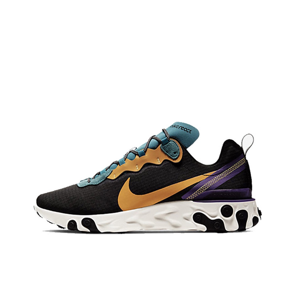 推荐商品：Nike React Element 55 跑鞋 轻便透气缓震耐磨舒适泡棉运动织物支撑防滑解构 Black/Teal/Gold PRM/黑棕蓝