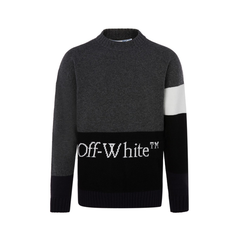 OFF -WHITE Logo图案拼接圆领套头长袖毛衣 男女同款