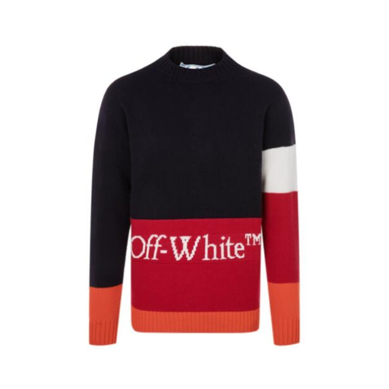 OFF -WHITE Logo图案拼接圆领套头长袖毛衣 男女同款