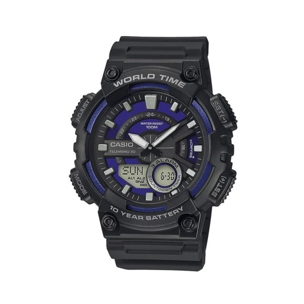 Casio/卡西欧 Analogue指针 树脂表带黑暗之心双显运动电子石英男士手表 蓝黑 AEQ-110W-2A2vCF