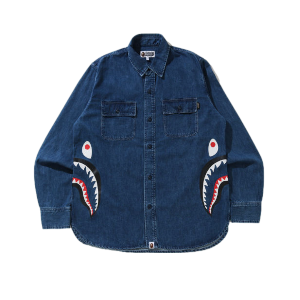 BAPE 2021SS 鲨鱼印花迷彩图案牛仔长袖衬衫 131012