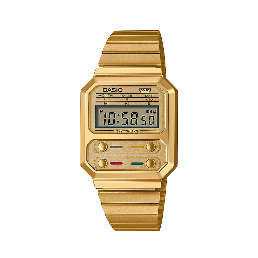 Casio/卡西欧 VINTAGE系列 时尚复古潮流小方块防水学生电子石英男士手表 金色 A100WEG-9ADF