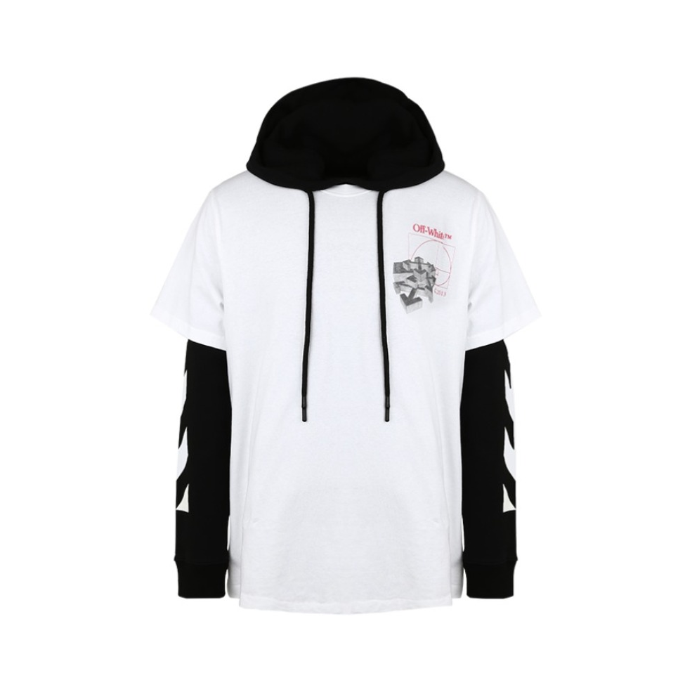 OFF-WHITE 假两件系带素描LOGO印花宽松连帽卫衣 男女同款