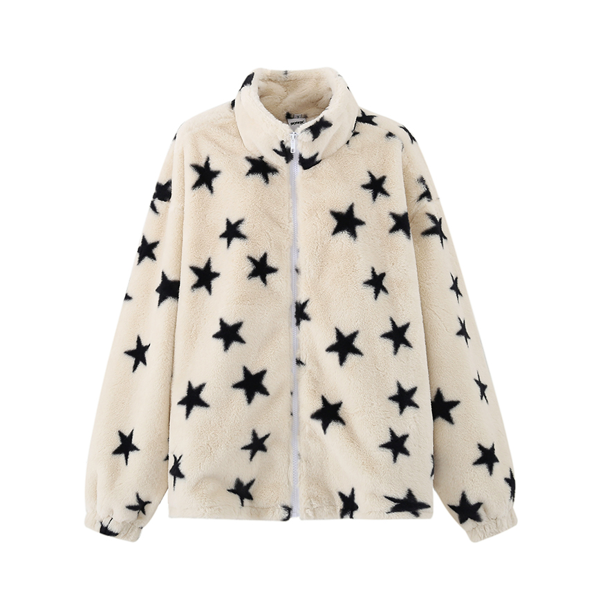 推荐商品：SKRM &SOSER 毛绒五角星羊羔绒立领宽松情侣棉衣 男女同款 白