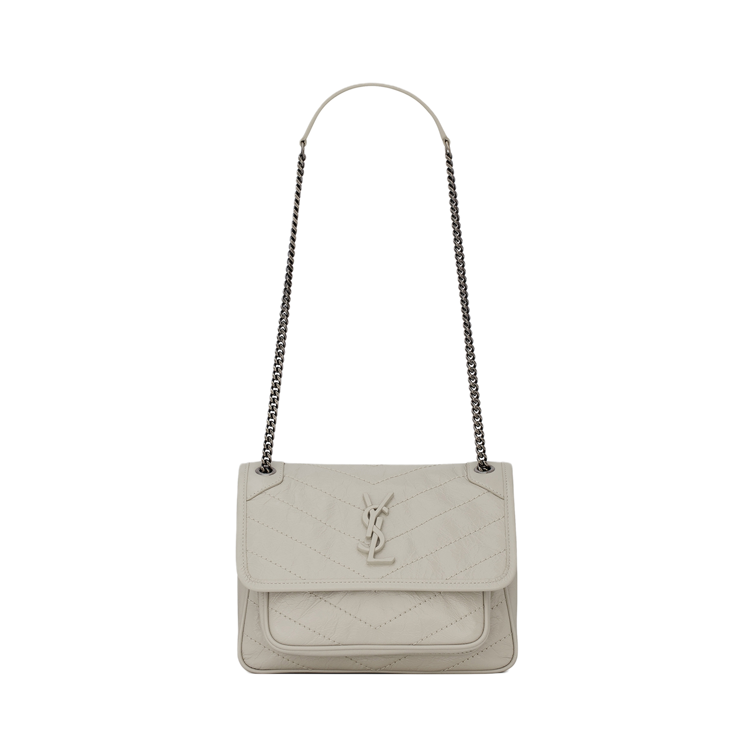 YSL/圣罗兰 Niki Baby 迷你 Logo标识复古褶皱小牛皮流浪包链条单肩斜挎包 复古白