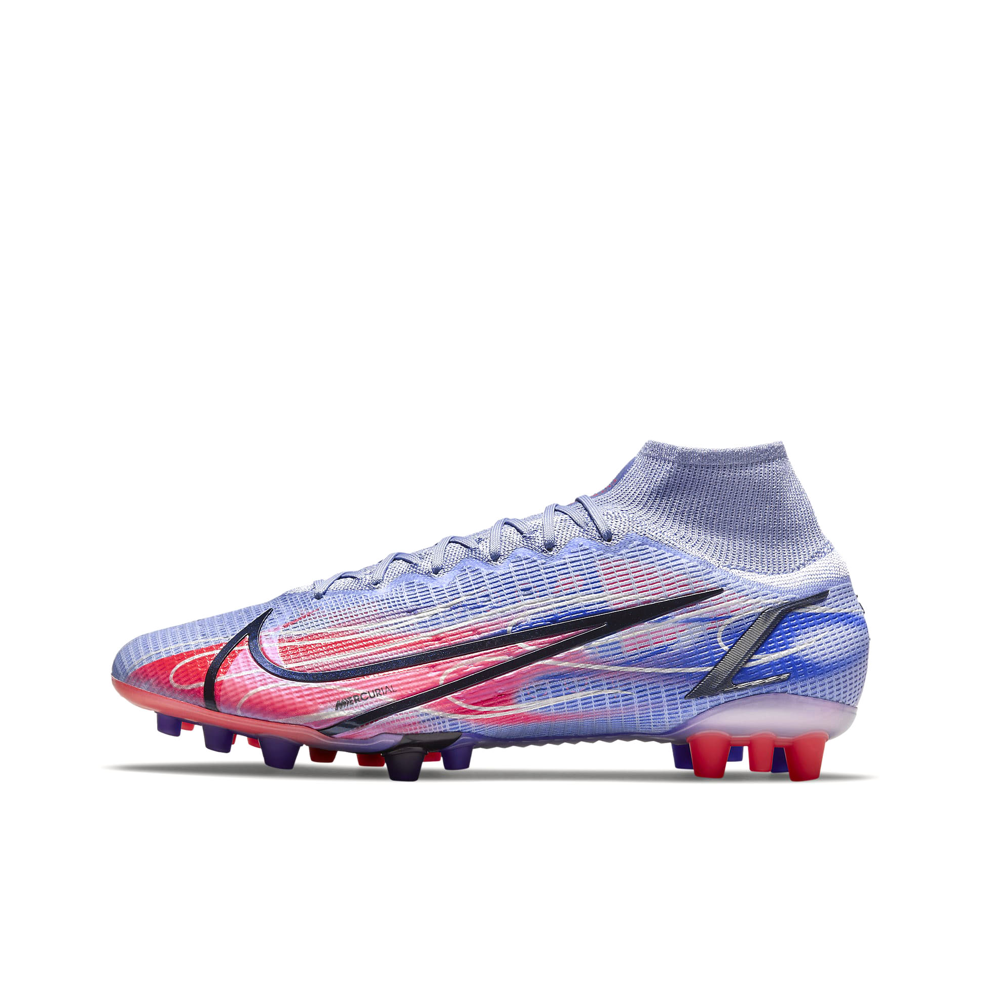 推荐商品：Nike Mercurial Superfly 8 Elite AG 顶级 胶质短钉 人造草地 包裹性 织物 足球鞋 红色/蓝色/黑色