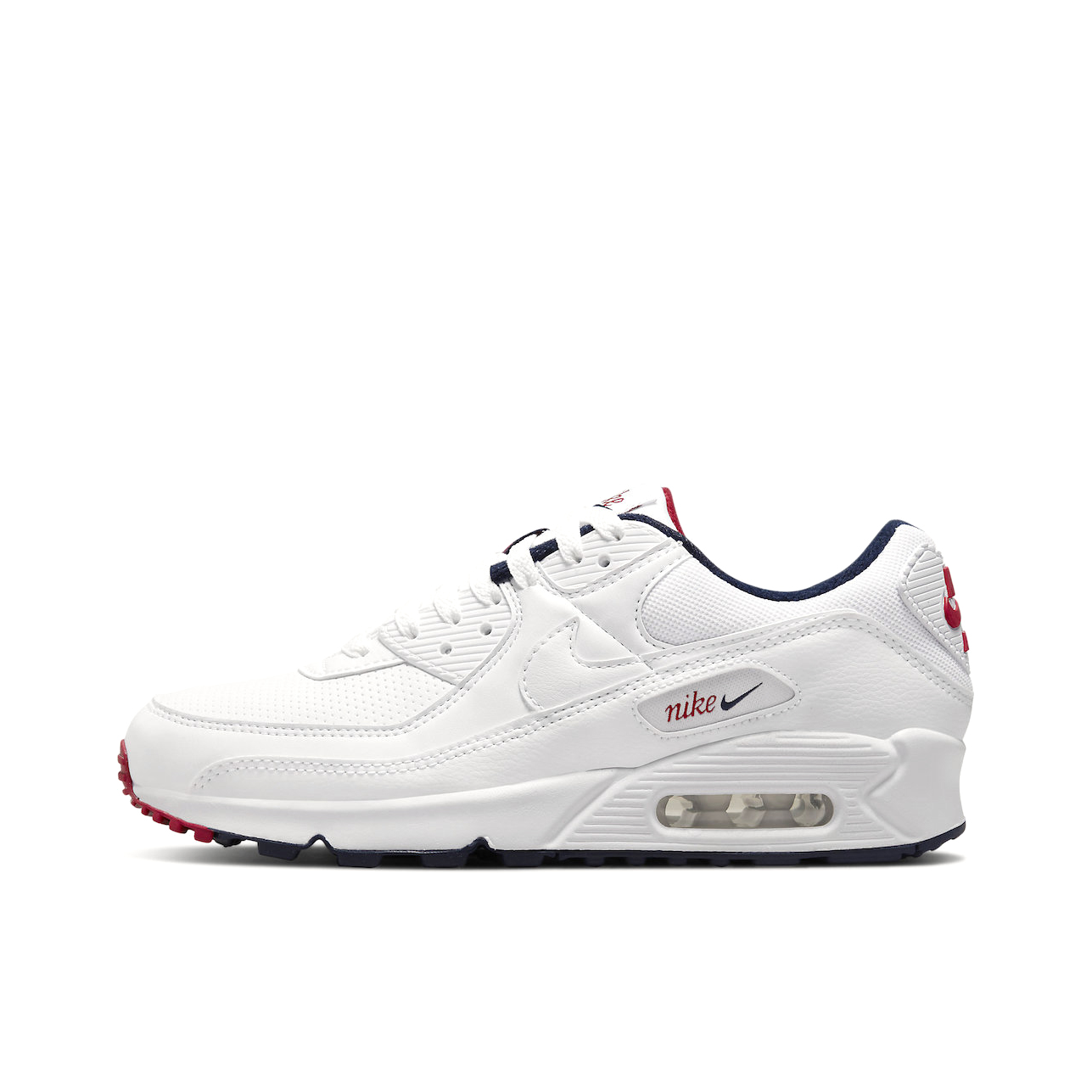 推荐商品：Nike Air Max 90 跑鞋 气垫合成革缓震透气复古增高圆头贴合拼接 Paris 白色/海军蓝/红色
