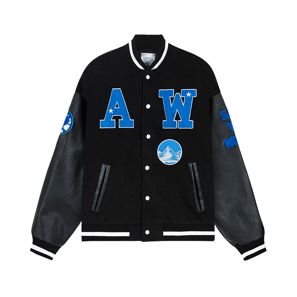 AIRWAY 2023AW 美式街头情侣冰块毛巾绣毛呢皮袖长袖刺绣棒球服夹克 男女同款 50010158
