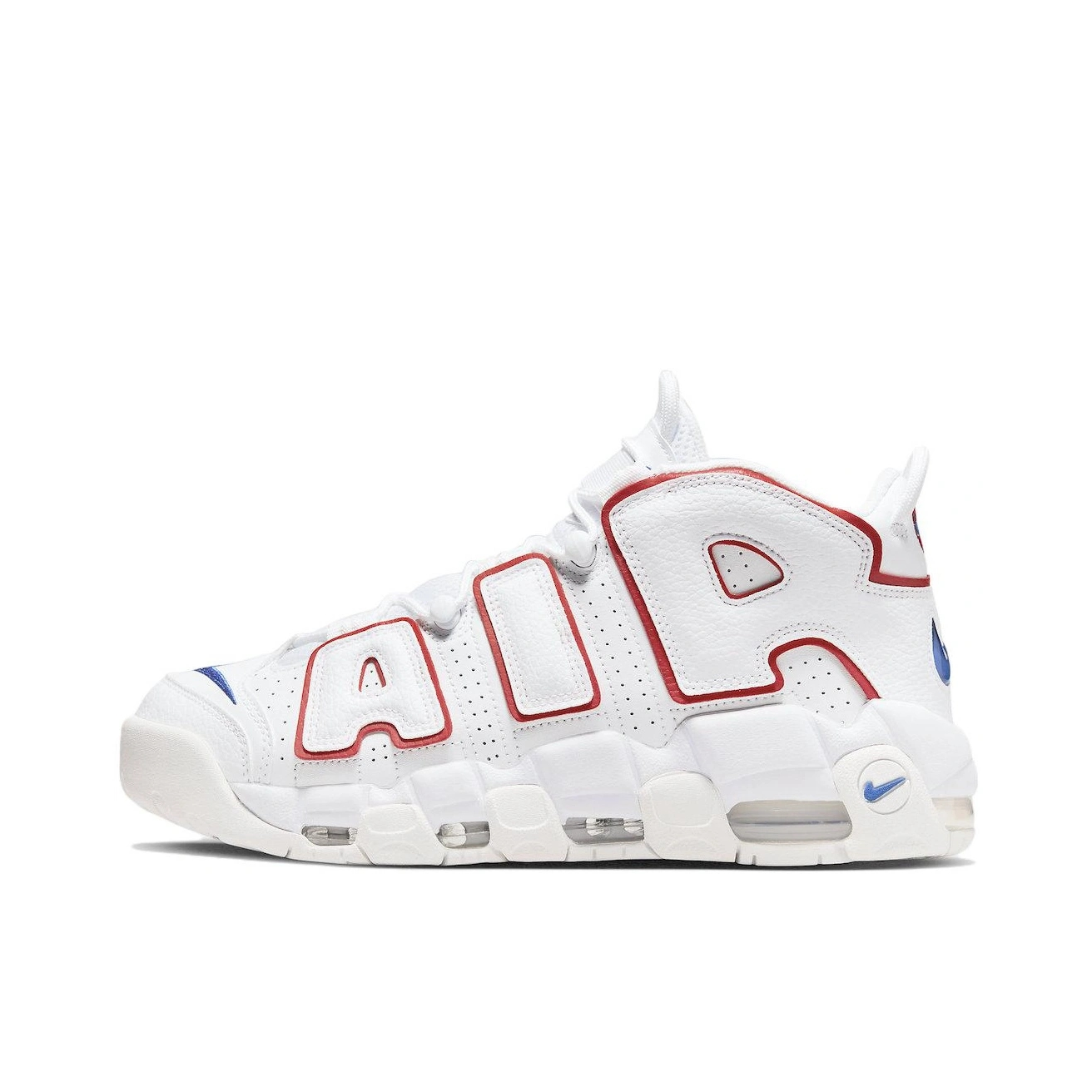 推荐商品：Nike Air More Uptempo 运动休闲鞋 缓震复古百搭防滑耐磨支撑圆头篮球风 白色/红色/蓝色