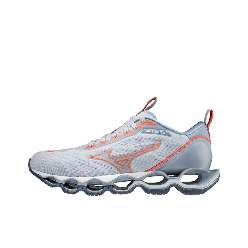 推荐商品：Mizuno/美津浓 Wave Prophecy 11 防滑耐磨 缓震回弹 舒适透气 轻便 织物 潮流休闲 跑鞋 浅灰蓝/霓虹/橙色
