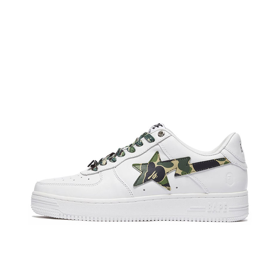 推荐商品：Bape Sta 板鞋 拼接舒适皮革防滑耐磨系带圆头时尚简约复古百搭牛皮压纹平跟徽标星星图案 白色/军绿色