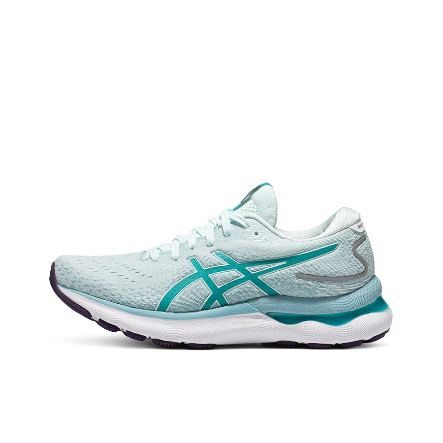 推荐商品：Asics/亚瑟士 Gel-Nimbus 24 跑鞋 圆头包裹轻便缓震透气稳定支撑回弹复古碳板织物夜跑 女款/蓝色/绿色