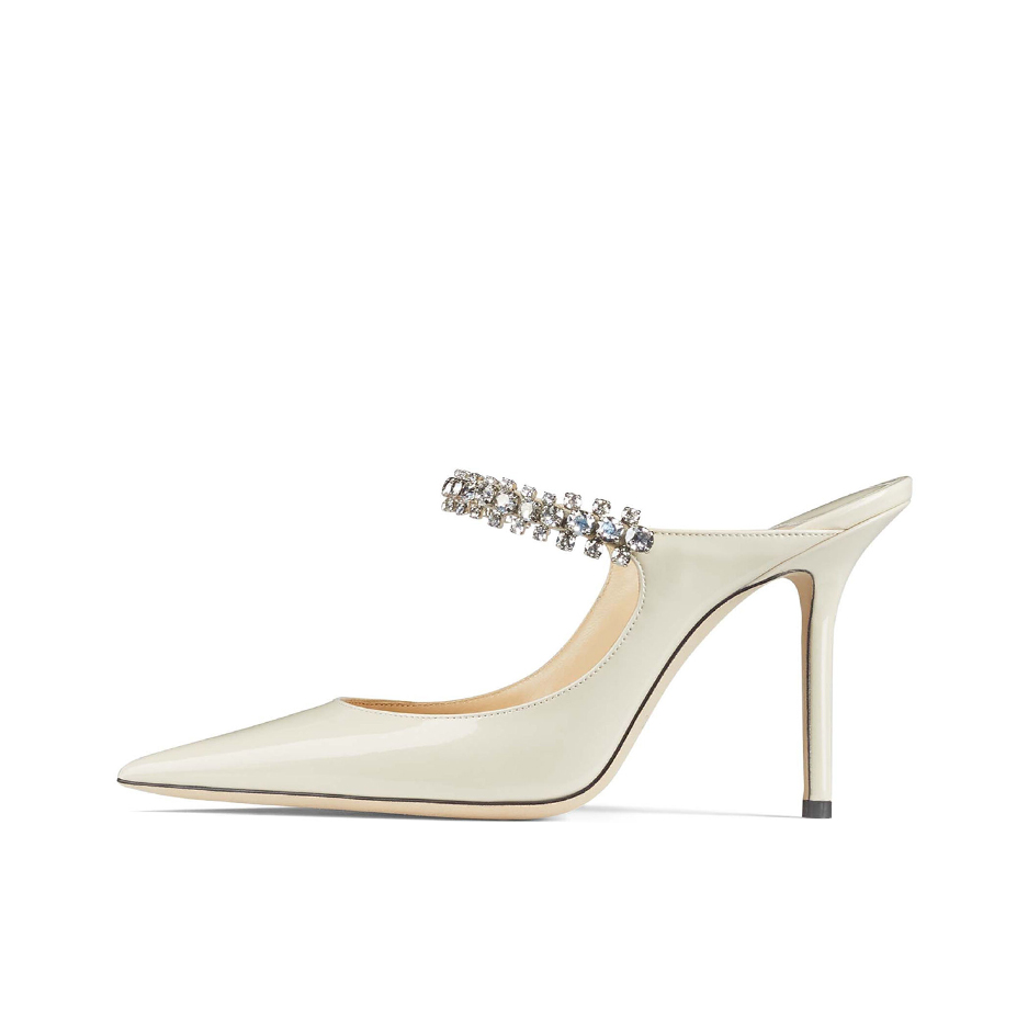 推荐商品：Jimmy Choo Bing 100 优雅气质 尖头 包头休闲 绑带 晶饰 穆勒鞋 高跟鞋 奶白色