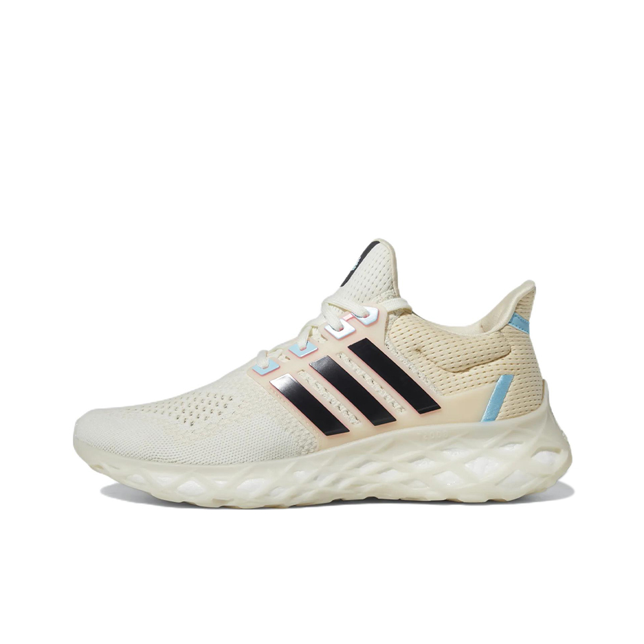 推荐商品：adidas Ultra Boost Web DNA 跑鞋 织物轻便透气缓震回弹舒适防滑耐磨抗扭转 米色/黑色/蓝色