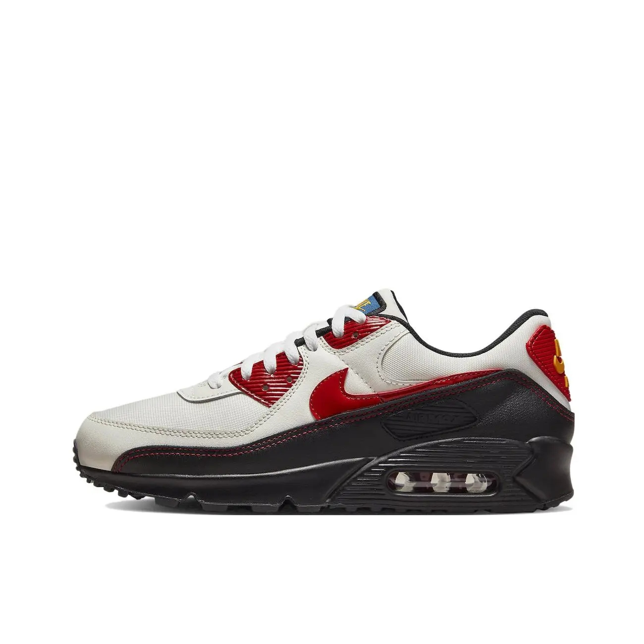 推荐商品：Nike Air Max 90 跑鞋 气垫合成革缓震透气复古增高圆头贴合拼接 米白/黑色/红色