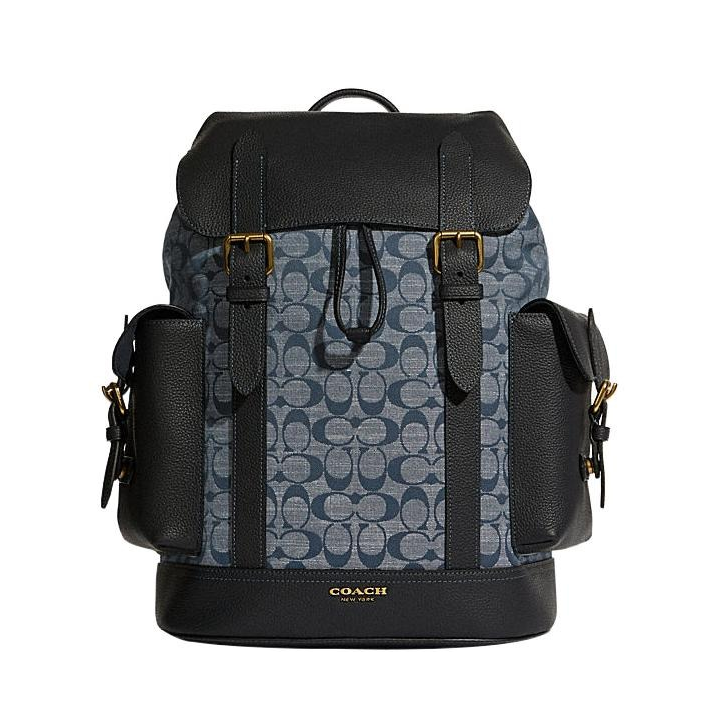 Coach Hudson 30 Chambray 老花香布蕾帆布皮革翻盖满印背包双肩包 黑色拼丹宁牛仔蓝色