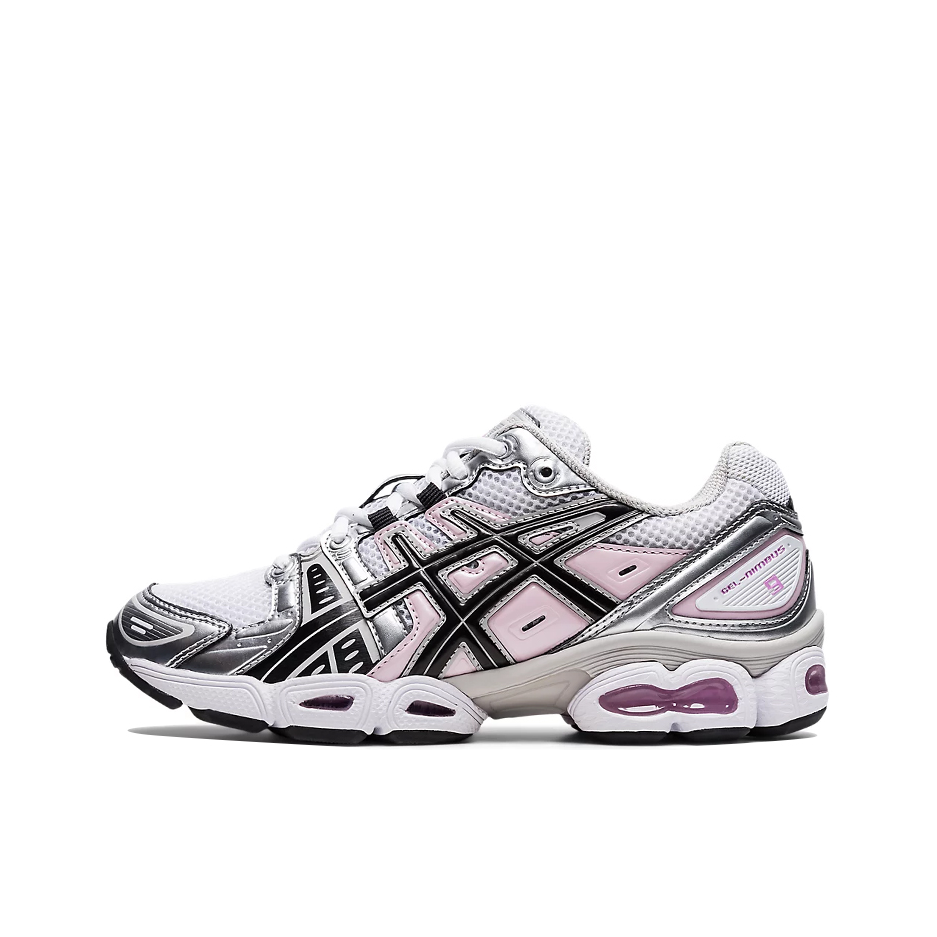 推荐商品：Asics/亚瑟士 Gel-Nimbus 9 跑鞋 减震回弹防滑耐磨网布透气合成革复古百搭圆头 灰色/粉色