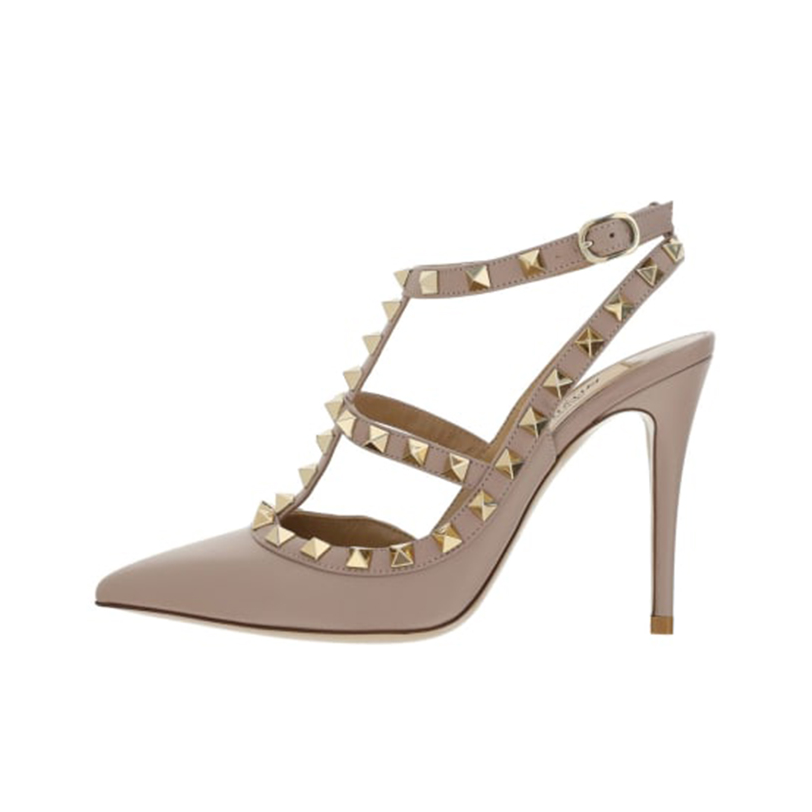 推荐商品：Valentino Rockstud 休闲时尚 露跟 铆钉装饰 踝带 尖头 一字带 细跟 高跟鞋 裸色/白色