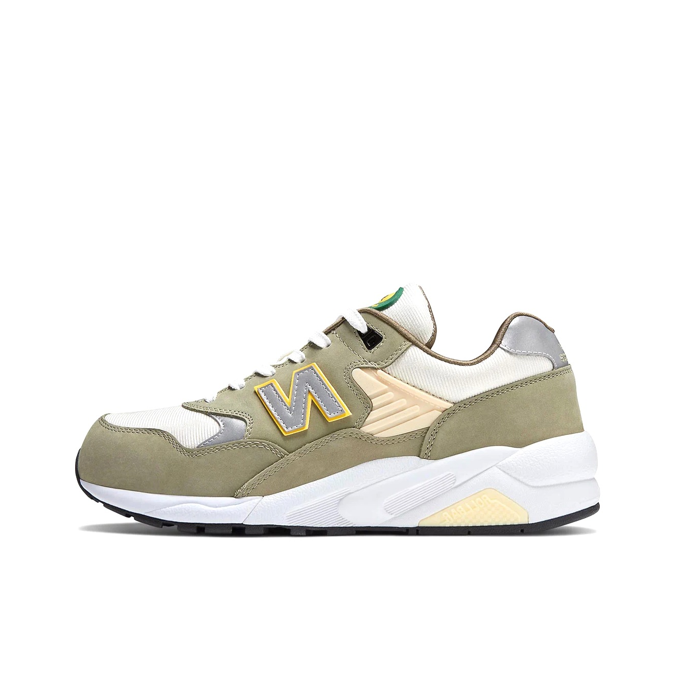 推荐商品：New Balance 580 潮流复古 减震防滑 轻便透气 耐磨 舒适 织物 低帮百搭 运动休闲鞋 浅橄榄绿/棕色/白色