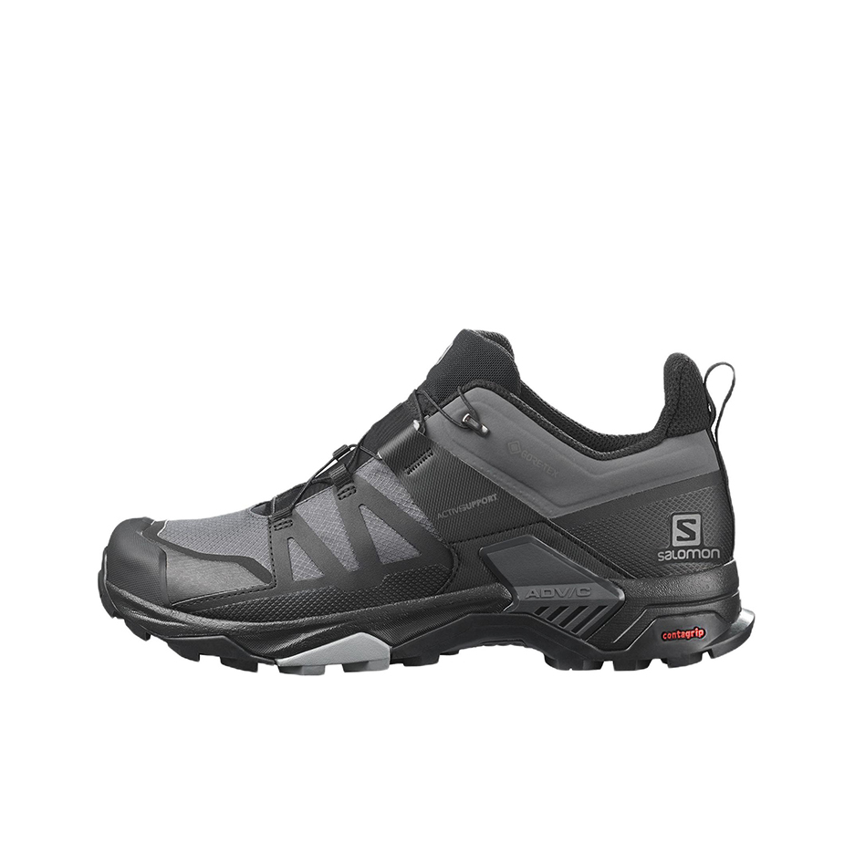 推荐商品：Salomon/萨洛蒙 X Ultra 4 GTX 户外休闲鞋 防水透气登山徒步织物稳定包裹稳定抓地缓震抗冲击 黑色/灰色/红色