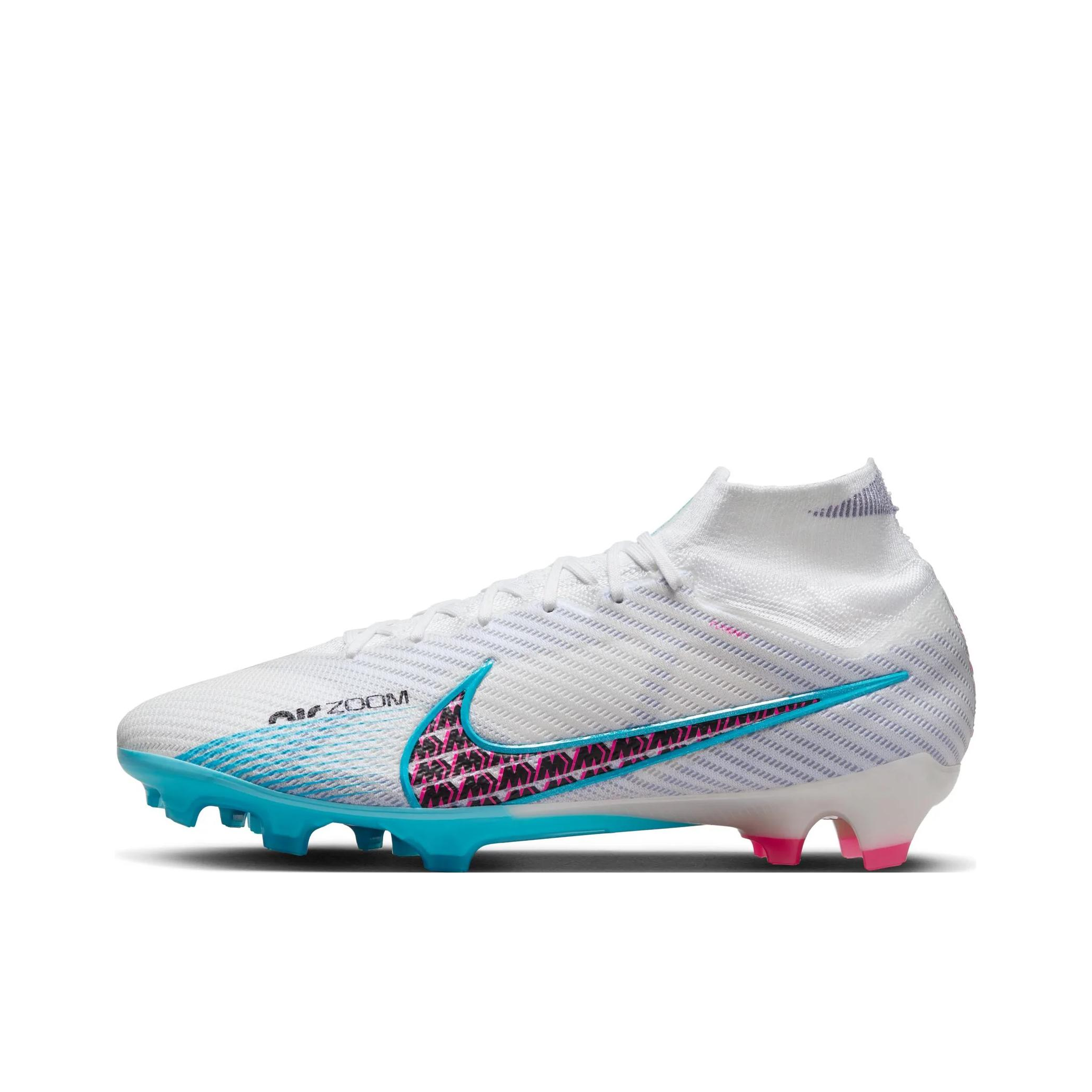 推荐商品：Nike Zoom Mercurial Superfly 9 Elite FG 顶级 胶质长钉 天然草地 圆头飞织防滑轻便 足球鞋 白色/蓝色