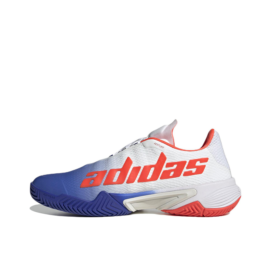 推荐商品：adidas/阿迪达斯 Barricade Tennis 网球鞋 耐磨防滑减震回弹圆头轻便舒适运动 白色/蓝色/橙色