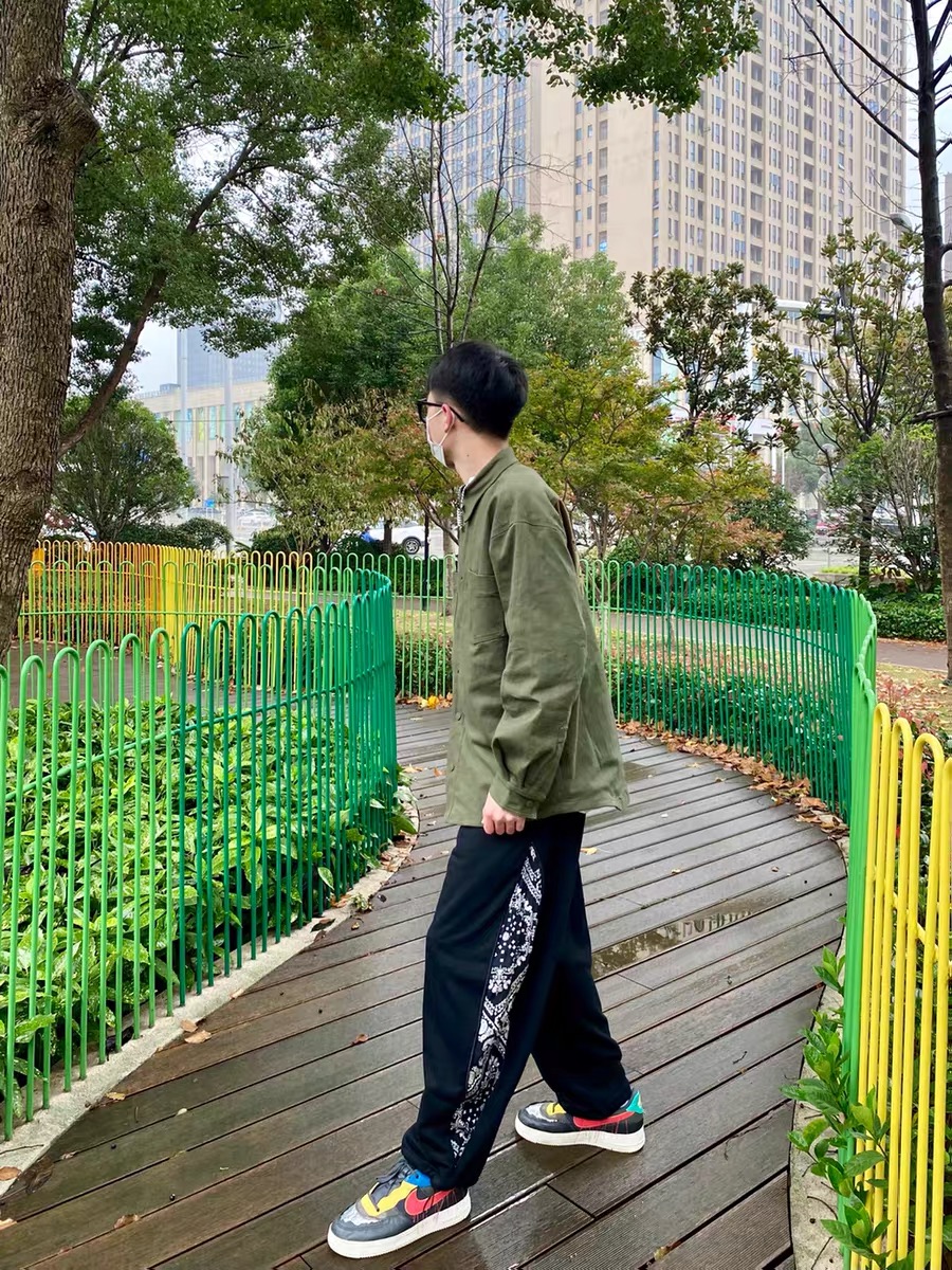 拼接腰果花拉链直筒复古束脚裤