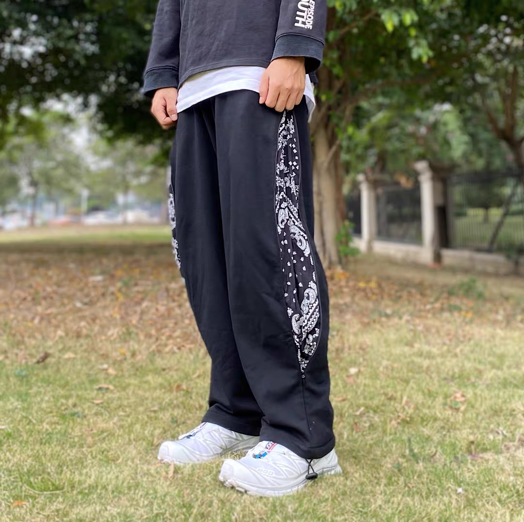 拼接腰果花拉链直筒复古束脚裤