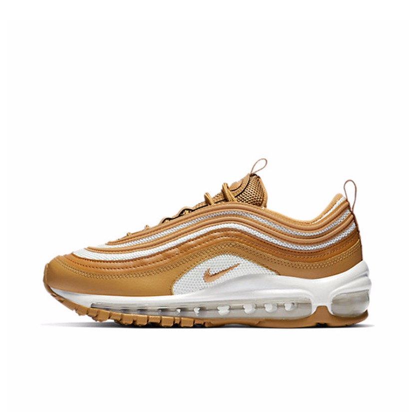 推荐商品：Nike Air Max 97 跑鞋 气垫减震全掌舒适透气防滑耐磨百搭复古织物合成革运动时尚圆头包裹性支撑 Wheat Club Gold 白金子弹