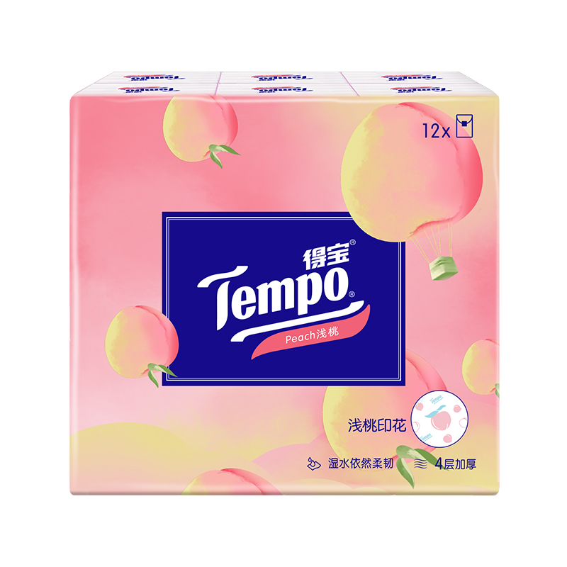 Tempo/得宝 甜心桃香 4层 7张/包 手帕纸印花有香加厚浅桃香味 12包