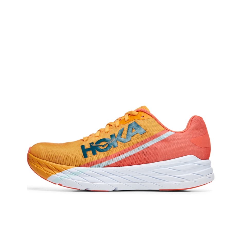 推荐商品：HOKA ONE ONE Rocket X 竞速 网面透气 防滑耐磨 减震轻便 织物 圆头 跑鞋 镭射黄/茶花橘