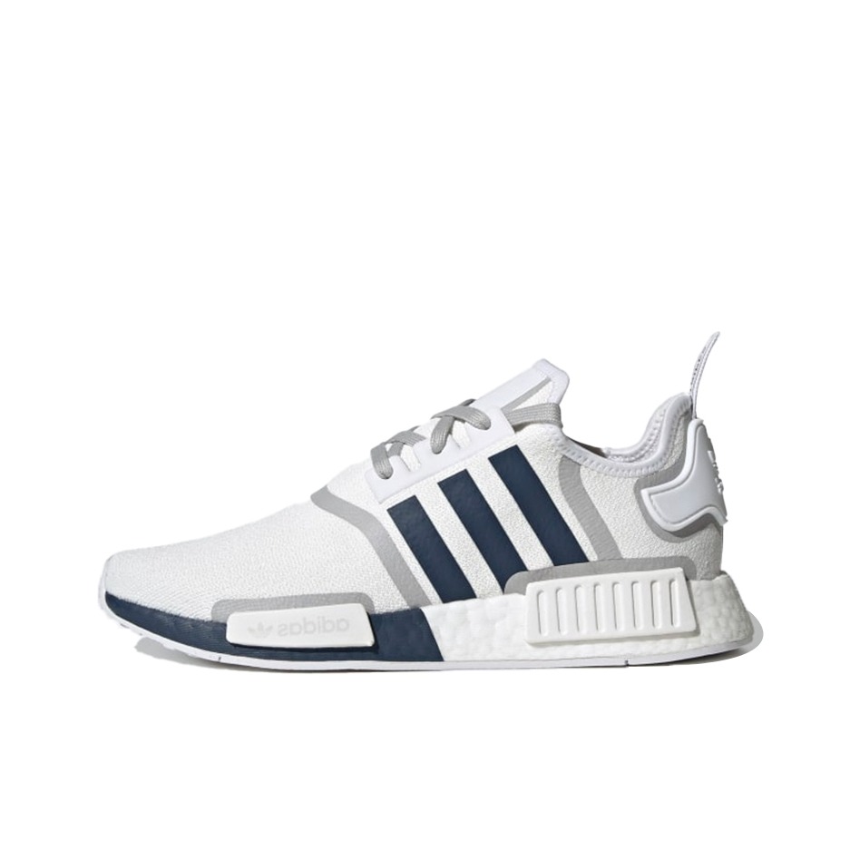 推荐商品：adidas Originals NMD R1 BOOST 织物 轻便透气 缓震 低帮 运动休闲鞋 白色/海军蓝/灰色