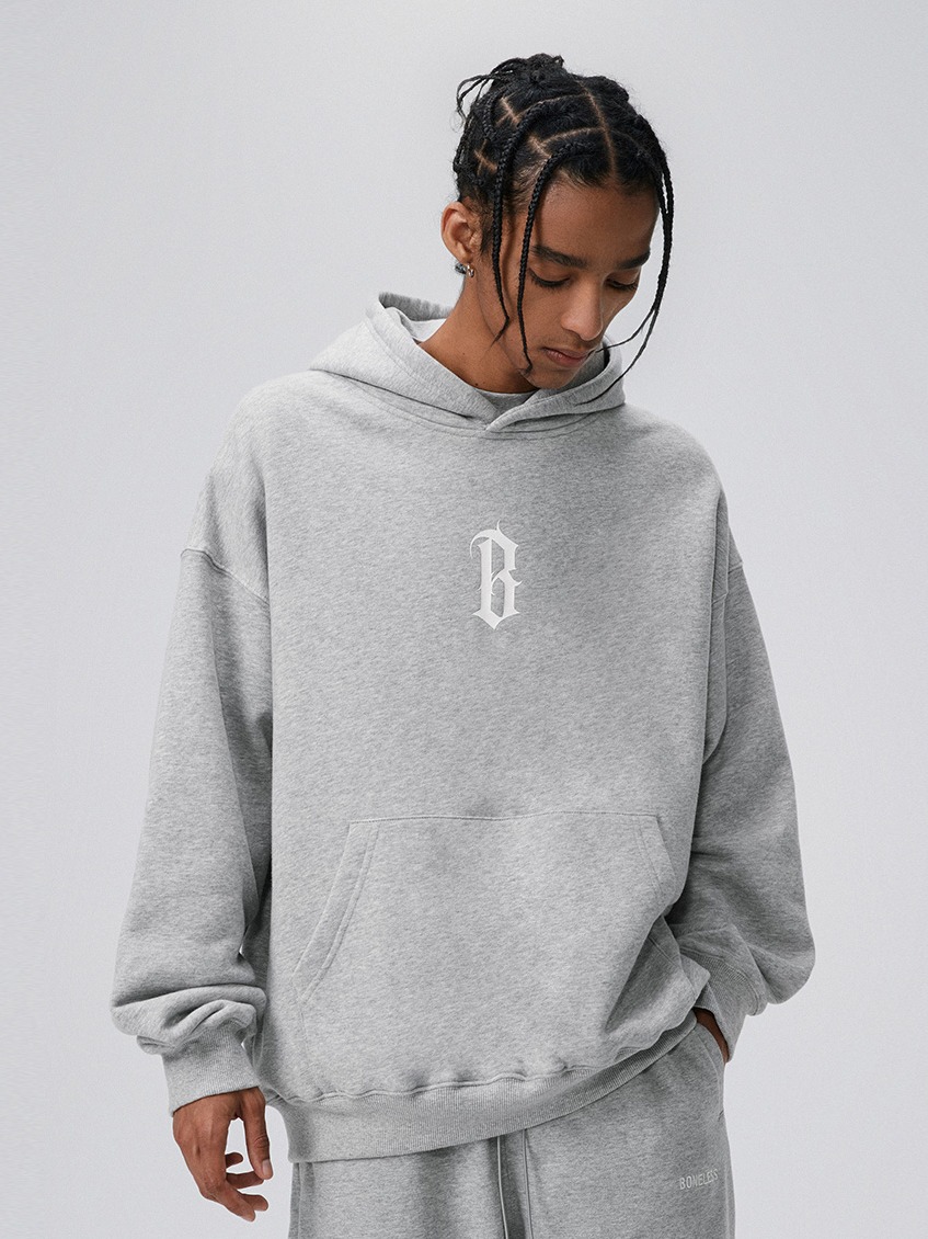 推荐商品：【蔡徐坤同款】BONELESS B系列复古字哥特胶浆印花针织加绒连帽长袖套头卫衣 K3167 花灰