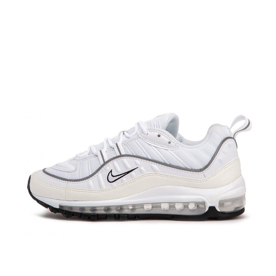 推荐商品：Nike Air Max 98 跑鞋 潮流复古全掌缓震回弹防滑耐磨轻便透气时尚拼接圆头气垫 Reflective Silver/White 白/描边Logo