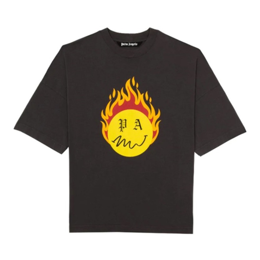 推荐商品：【夏之光同款】Palm Angels x Smiley 联名款 做旧火焰笑脸梵文圆领字母短袖T恤 黑