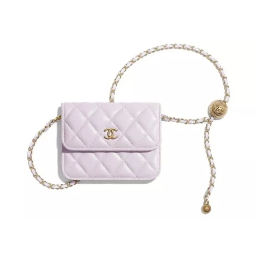 Chanel/香奈儿 菱格纹小金球金扣链条羊皮单肩斜挎腰包 淡紫色 AP1465-B02916-ND359