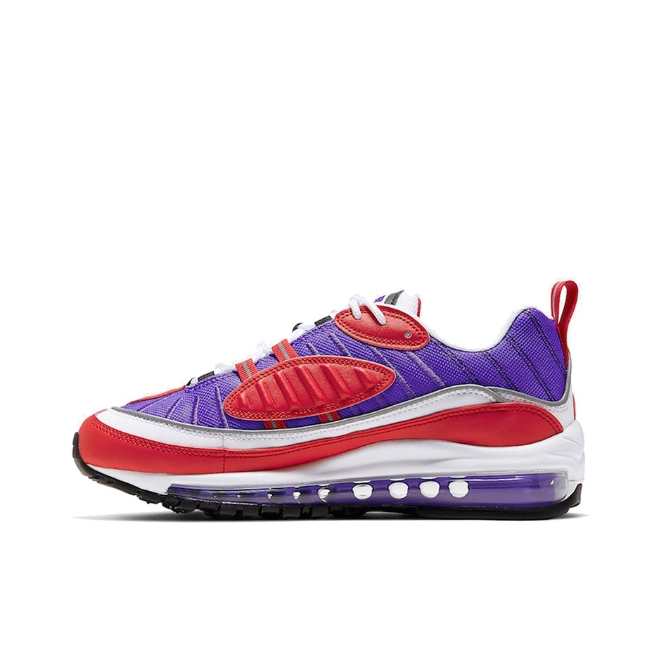 推荐商品：Nike Air Max 98 跑鞋 潮流复古全掌缓震回弹防滑耐磨轻便透气时尚拼接圆头气垫 Psychic Purple/University Red 白紫红