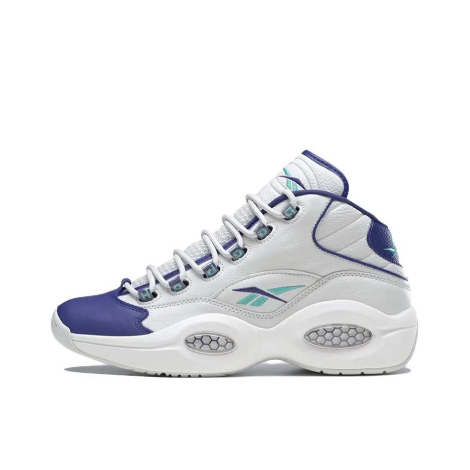 推荐商品：Reebok/锐步 Question 复古 减震 防滑耐磨 实战 透气 运动 包裹性 篮球鞋 灰色/蓝色