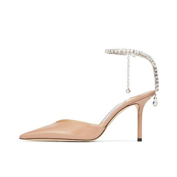 推荐商品：Jimmy Choo Saeda 85 链饰 舒适休闲 尖头 水晶饰 细跟 露跟 高跟鞋 芭蕾粉色/水晶色