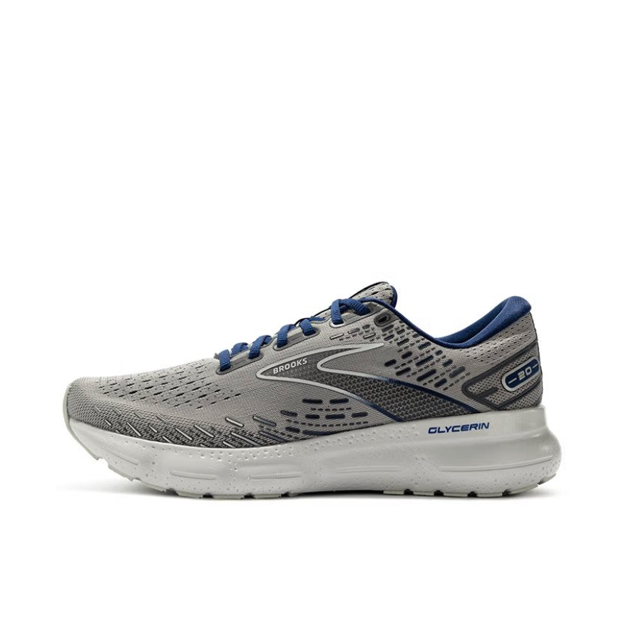 Brooks/布鲁克斯 Glycerin 甘油 20 充氮 柔软缓冲 减震回弹 防滑耐磨 网布透气 百搭简约 舒适 织物 长跑 运动 支撑 跑鞋 云淡灰/海军蓝